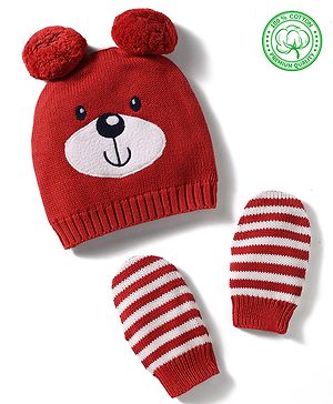 Babyhug 100% Cotton Knit Woollen Cap & Striped Mittens With Bear Embroidery Rust Orange - Diameter 10 cm