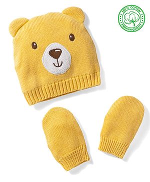 Babyhug 100% Cotton Knit Woollen Cap & Mittens With Bear Embroidery Yellow - Diameter 15 cm