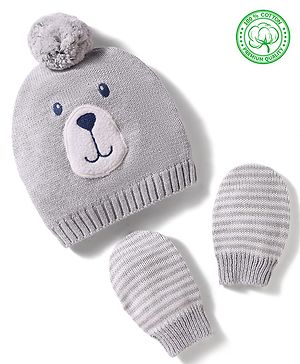 Babyhug 100% Cotton Knit Woollen Cap & Striped Mittens With Bear Embroidery Grey - Diameter 11 cm