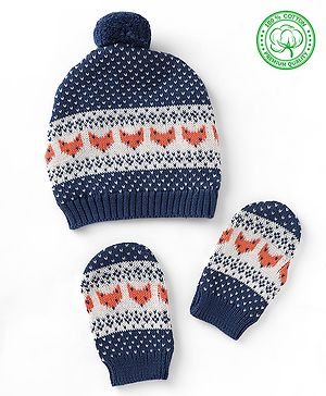 Babyhug Organic 100% Cotton Knit Woollen Cap & Mittens With Heart Design Navy Blue - Diameter 12 cm