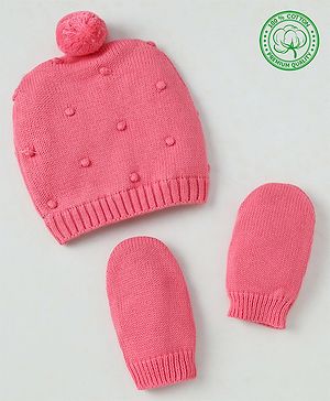 Babyhug Organic 100% Cotton Knit Woollen Caps and Set With Polka Design Pink - Diameter 14 cm