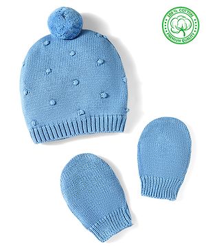 Babyhug 100% Cotton Knit Woollen Cap & Mittens Set With Embroidery Light Blue - Diameter 13.5 cm