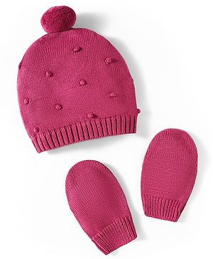 Babyhug 100% Cotton Knit Woollen Cap & Mittens Set With Embroidery Wine - Diameter 14 cm