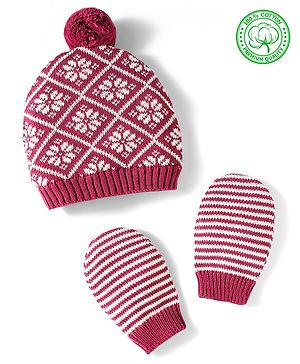 Babyhug 100% Cotton Knit Woollen Cap & Mittens Set With Floral Design Wine - Diameter 14.5 cm