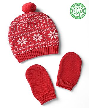 Babyhug Organic 100% Cotton Knit Woollen Cap & Mittens With Floral Design Red - Diameter 11 cm