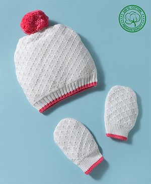 Babyhug 100% Cotton Knit Woollen Cap & Mittens White - Diameter 15 cm