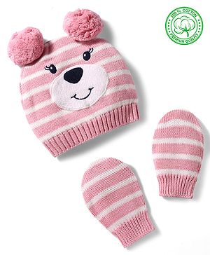 Babyhug 100% Cotton Knit Woollen Striped Cap & Mittens With Bear Embroidery Pink - Diameter 11 cm
