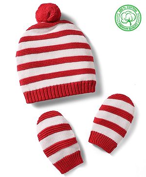 Babyhug 100% Cotton Knit Woollen Striped Cap & Mittens Red & White - Diameter 11 cm