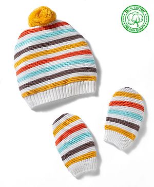 Babyhug 100% Cotton Knit Striped Woollen Cap & Mittens Multicolor - Diameter 15 cm