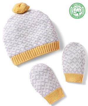 Babyhug 100% Cotton Knit Woollen Cap & Mittens With Geometric Design Grey- Diameter 12 cm
