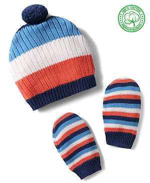 Babyhug 100% Cotton Knit Woollen Cap & Mittens With Striped Design Multicolor- Diameter 12 cm
