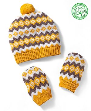 Babyhug 100% Cotton Sweater Knit Woollen Cap & Mittens Mustard - Diameter 15 cm
