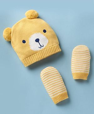 Babyhug 100% Organic Cotton Sweater Knit Woollen Cap & Striped Mittens with Bear Print Yellow - Diameter 12 cm