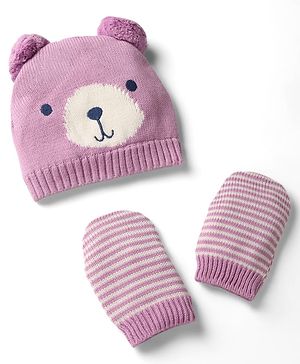 Babyhug Organic 100% Cotton Knit Woollen Cap & Mittens With Bear Design Purple - Diameter 12 cm