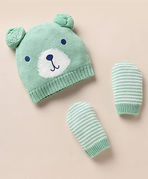 Babyhug 100% Cotton Knit Solid Woollen Cap & Mittens With Bear Design Green- Diameter 16 cm