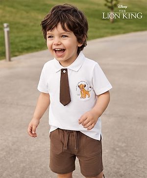 Babyhug Disney Cotton Knit Half Sleeve Collared Pique T-shirt With Shorts & Simba Graphic - White