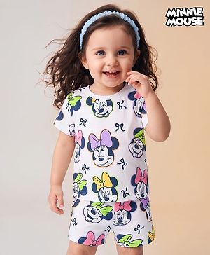 Babyhug Disney Single Jersey Knit Half Sleeves T-Shirt & Shorts Co-ords Night Suit with Minnie Mouse Graphics - White