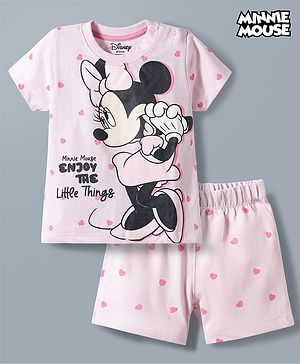 Babyhug Disney Single Jersey Knit Half Sleeves T-Shirt &  Shorts Night Suit With Minnie Mouse Graphic & Heart Print - Pink