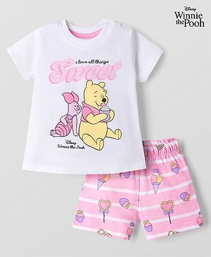 Babyhug Disney Single Jersey Knit Half Sleeves T-Shirt & Striped Shorts Night Suit With Winnie The Pooh Graphic & Strawberry Print - White