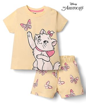 Babyhug Disney Single Jersey Knit Half Sleeves T-Shirt & Shorts  Night Suit with Marie Graphics - Peach