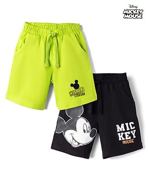 Babyhug Disney Terry Knit Knee Length Shorts with Mickey Mouse Graphics Pack of 2 - Neon Green & Black