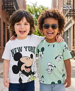 Babyhug Disney Single Jersey Knit Half Sleeves Round Neck T-Shirt With Mickey Mouse Graphics Pack of 2 - White