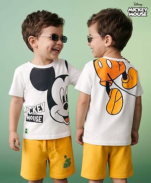 Babyhug Disney Single Jersey Knit Half Sleeves T-Shirt & Shorts With Mickey Mouse Graphic - White & Orange