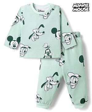 Babyhug Disney Single Jersey Knit Full Sleeves T-Shirt & Pyjama Night Suit With Mickey Mouse Print - Light Green