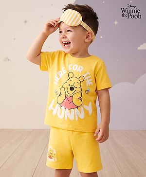 Babyhug Disney Single Jersey Knit Half Sleeves T-Shirt & Striped Shorts Night Suit With Winnie The Pooh Graphic - Yellow