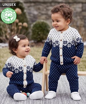 Babyhug 100% Cotton Knit Full Sleeves Floral Designed Front Open Sweater Set with Cap - Navy