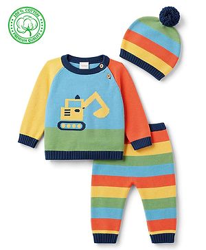 Babyhug Organic 100% Cotton Knit Full Raglan Sleeves Colour Block Striped & JCB Designed Sweater Set With Cap- Sky