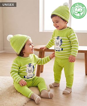 Babyhug Organic 100% Cotton Knit Full Sleeves Striped & Zebra Designed Sweater Set With Cap- Lime Green