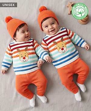 Babyhug Organic 100% Cotton Knit Full Sleeves Striped & Zebra Designed Sweater Set With Cap- Rust Orange