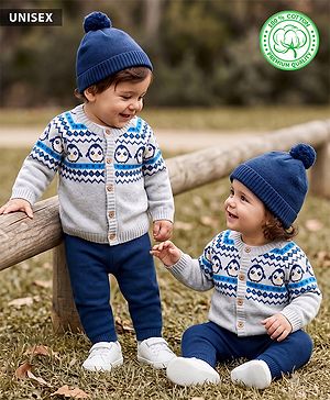 Babyhug 100% Cotton Knit Full Raglan Sleeves Penguin Designed Sweater Set with Cap - Navy & Grey
