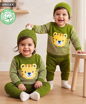 Babyhug Organic 100% Cotton Knit Full Sleeves Striped & Tiger Patched Sweater Set With Cap- Olive