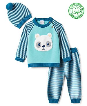 Babyhug 100% Cotton Knit Full Raglan Sleeves Striped Sweater Set with Cap & Bear Face Applique - Blue