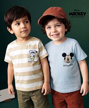 Babyhug Disney 100% Cotton Knit Half Sleeves Striped T-Shirts With Mickey Mouse & Friends Graphic With Badge Detailing Pack Of 2 - Light Blue & Beige