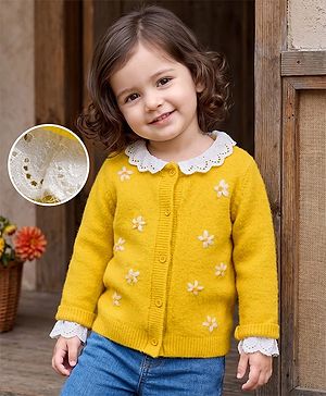 Babyhug Knit Full Sleeves Front Open Sweater with Lace & Floral Embroidery Design - Yellow