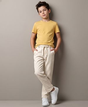 Pine Kids Cotton Elastane Woven Full Length Solid Trouser - Beige