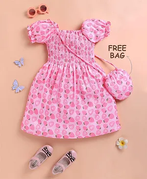 blushh berry Cotton Woven Half
                                  Puffed Sleeves Strawberry Printed
                                  Dress With Sling Bag - Pink