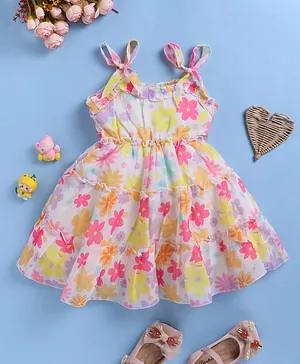 blushh berry Cotton Woven
                                  Sleeveless Floral Printed Tiered Dress
                                  - Multi Colour