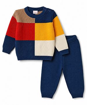 Babyhug Knit Full Sleeves Sweater Set With Block Design - Navy Blue