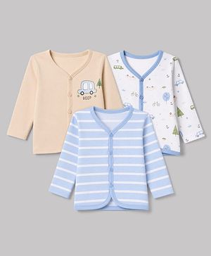 Babyhug 100% Cotton Interlock Knit Front Open Striped Jhablas With Vehicle Print Pack of 3 - Light Blue, White & Peach