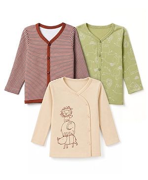 Babyhub 100% Cotton Interlock Knit Full Sleeves Stripped Jhablas with Hippo Elephant Lion Print Pack of 3 - Dark Red, Limegreen & Cream