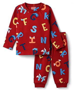 Babyhug 100% Cotton Knit Full Sleeves Alphabet Printed Co-Ords T-Shirt & Pyjama Night Suit - Dark Red