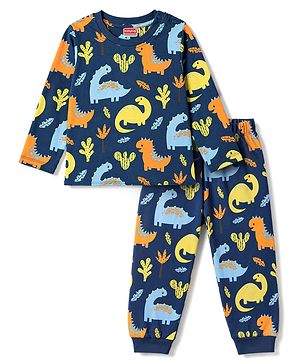 Babyhug 100% Cotton Knit Full Sleeves T-Shirt & Pyjama Night Suit With Dino Print - Navy