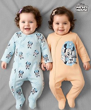 Babyhug Disney Interlock Knit Full Sleeves Footed Night Suit with Minnie Mouse Graphics Pack of 2 - Peach & Sky