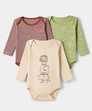 Babyhug 100% Cotton Interlock Knit Full Sleeves Striped Onesies With Animal Print Pack of 3 - Green, Red & Beige