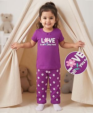 Babyhug 100% Cotton Knit Half Sleeves Floral & Text Printed T-Shirt & Pyjama Night Suit - Purple