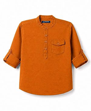 Pine Kids Cotton Woven Full Sleeves Mandarin Collar Solid Kurta Shirt - Orange